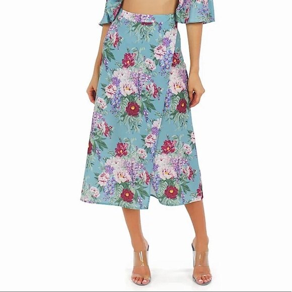 Show Me Your Mumu Midi Flirt Skirt Floral Print Darling Dolls Green Faux Wrap M - Picture 7 of 7
